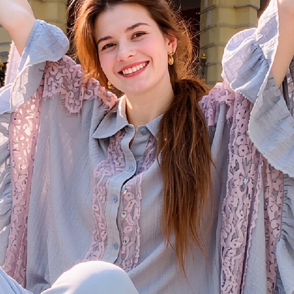 Oli & Hali Tops - Oli & Hali Oversized Boho Top Button-Up Washed Lace Ruffle Frayed Hem Periwinkle